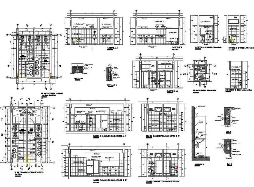 Hospital sanitary plan, elevation and section dwg file