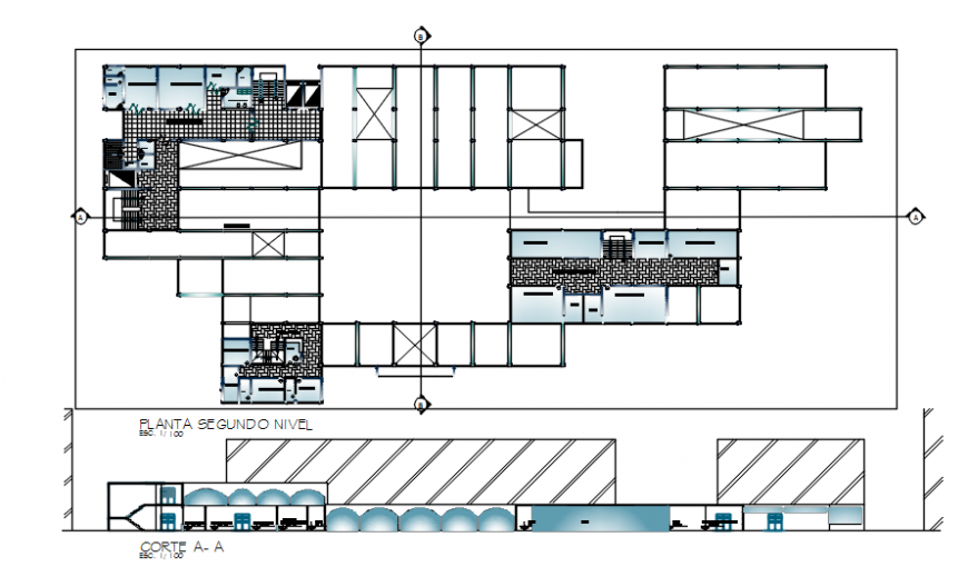 Hospital second floor plan with sectional elevation in auto cad file
