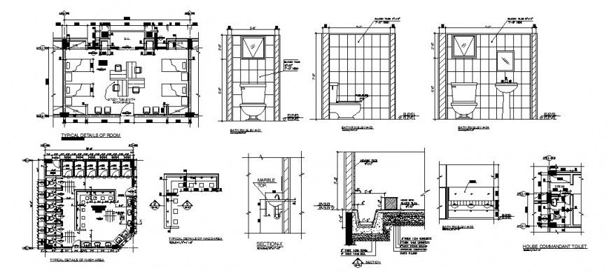 Hostel blocks architecture details for toilets and rooms dwg file