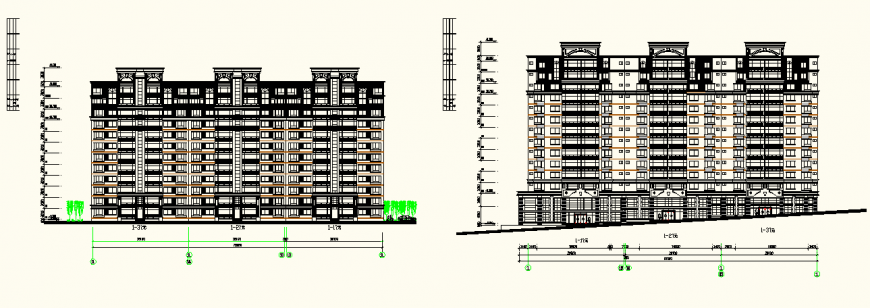 Hostel building detail elevation and plan dwg file