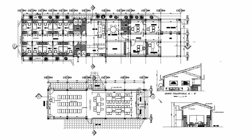 Hostel cut traverse section, floor plan and structure details dwg file