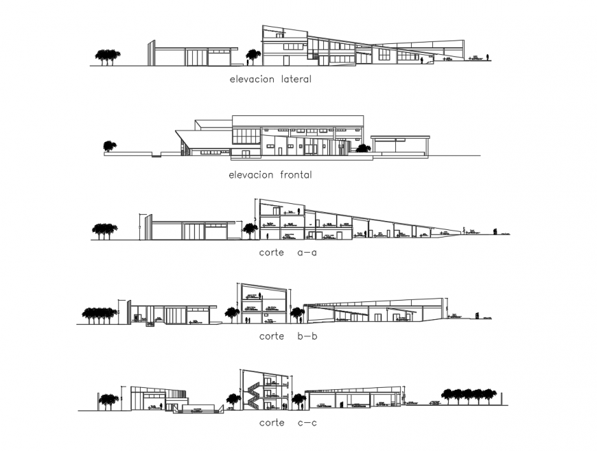 Hostel elevation and section view of in auto cad file