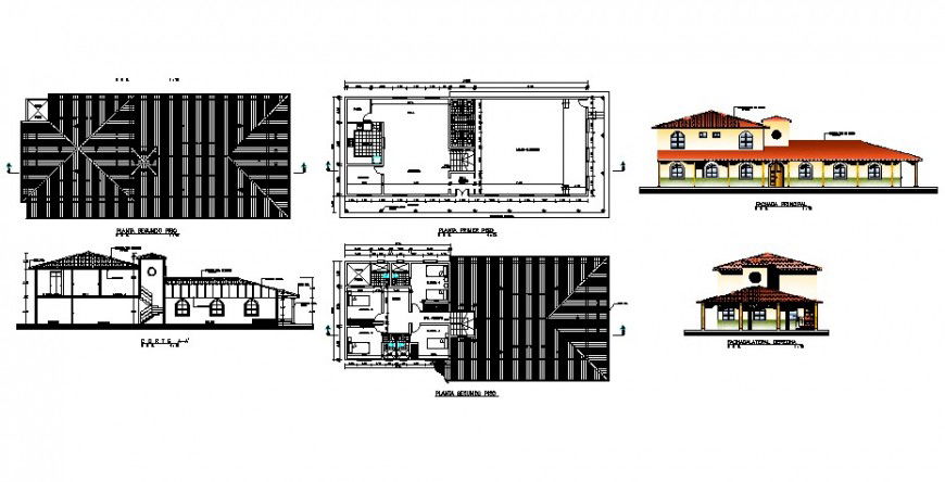 Hostel with auditorium floor plan and elevation in auto cad