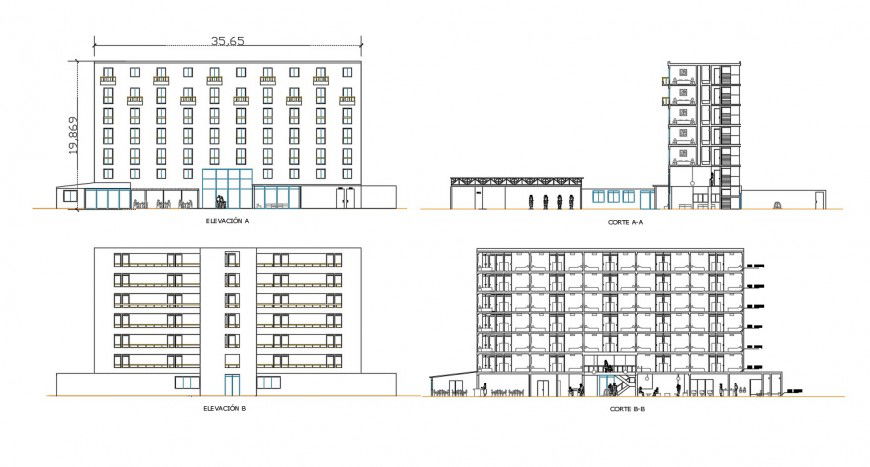 Hotel 3-star elevation exterior autocad file