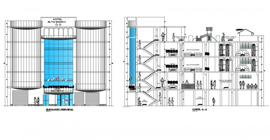 Hotel Alto mayo facade elevation and section cad drawing details dwg file