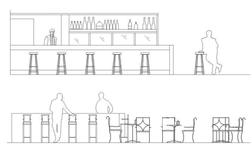 Hotel bar and furniture detail elevation 2d view autocad file