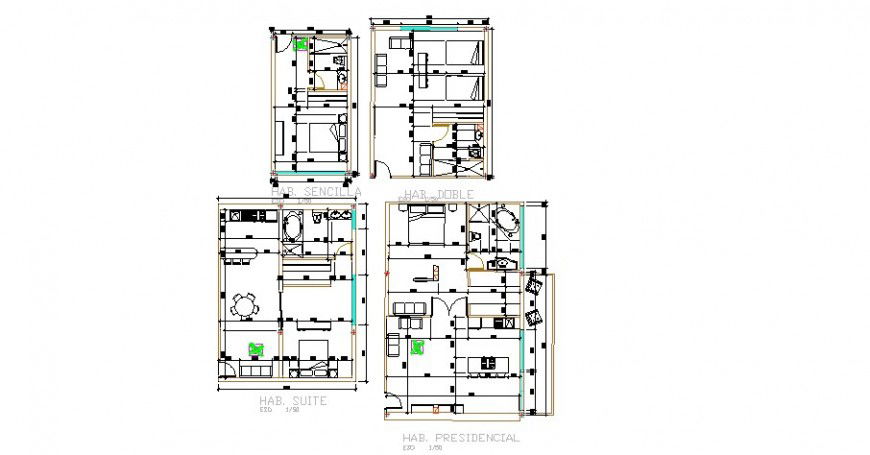 Hotel bedrooms layout plan with furniture cad drawing details dwg file