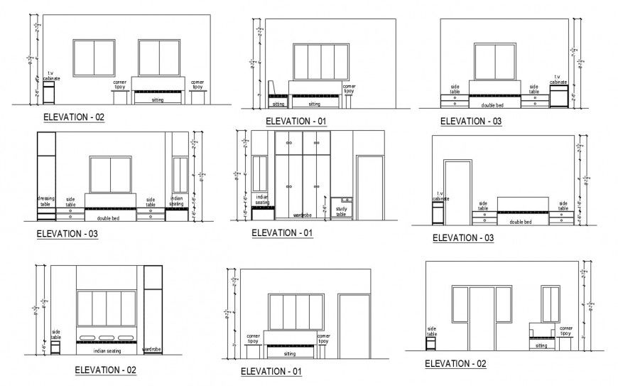 Hotel bedrooms multiple elevations cad drawing details dwg file