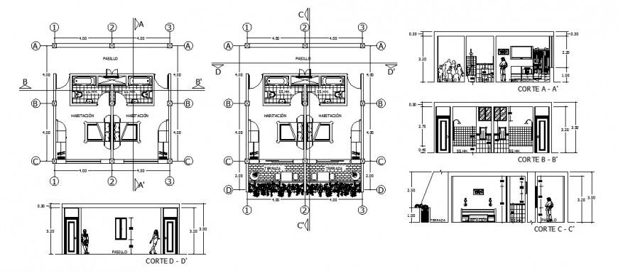 Hotel bedrooms section and plan cad drawing details dwg file