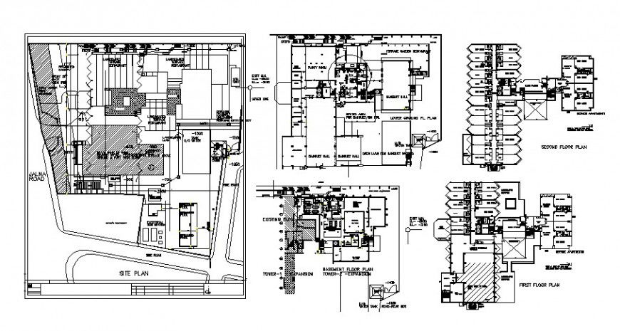 Hotel building area layout plan and structure cad drawing details dwg file