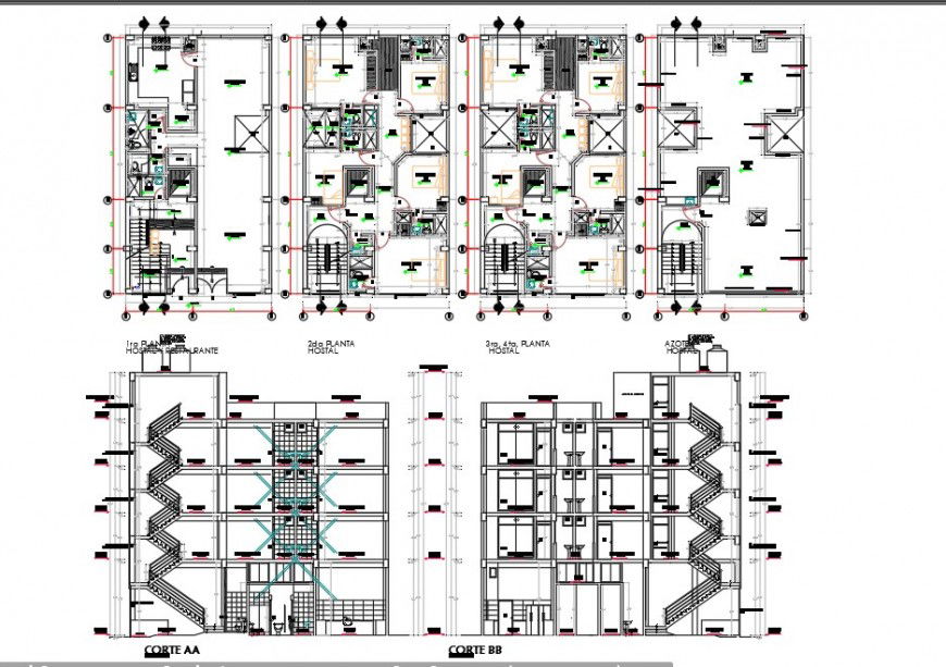Hotel building block detail plan and section 2d view CAD structural block autocad file