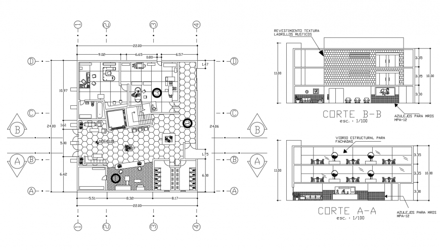 Hotel building cut section and distribution plan cad drawing details dwg file