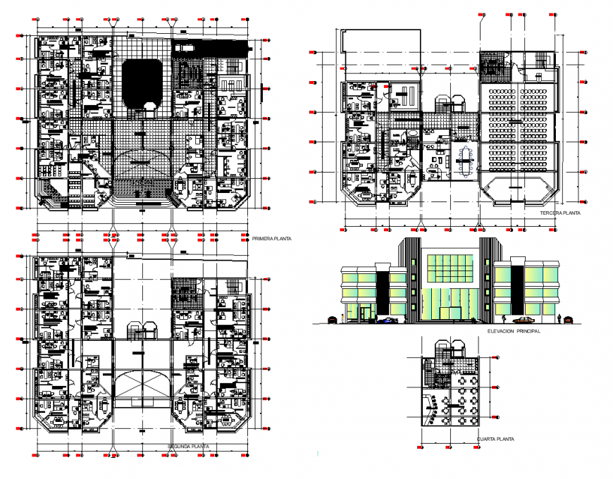 Hotel building detail elevation and plan layout dwg file