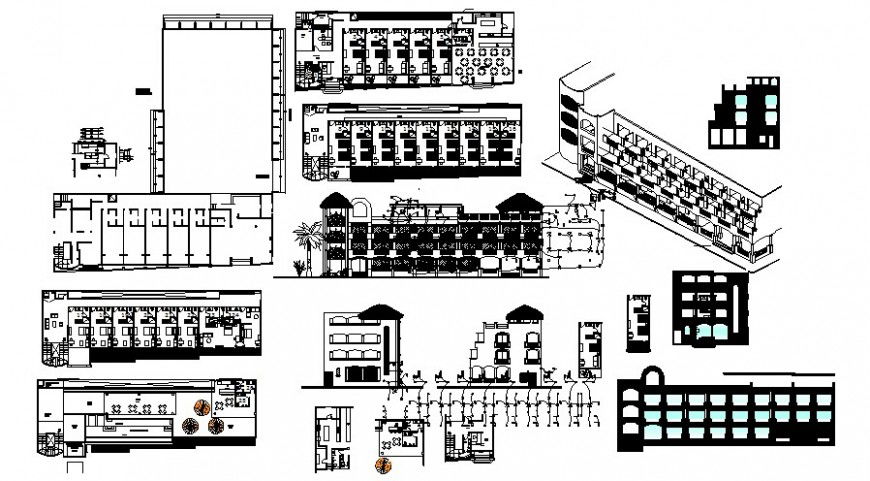Hotel building drawing details 2d view floor plan elevation and section dwg file