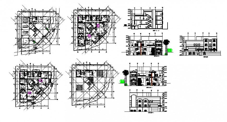 Hotel building elevation, section and floor plan cad drawing details dwg file