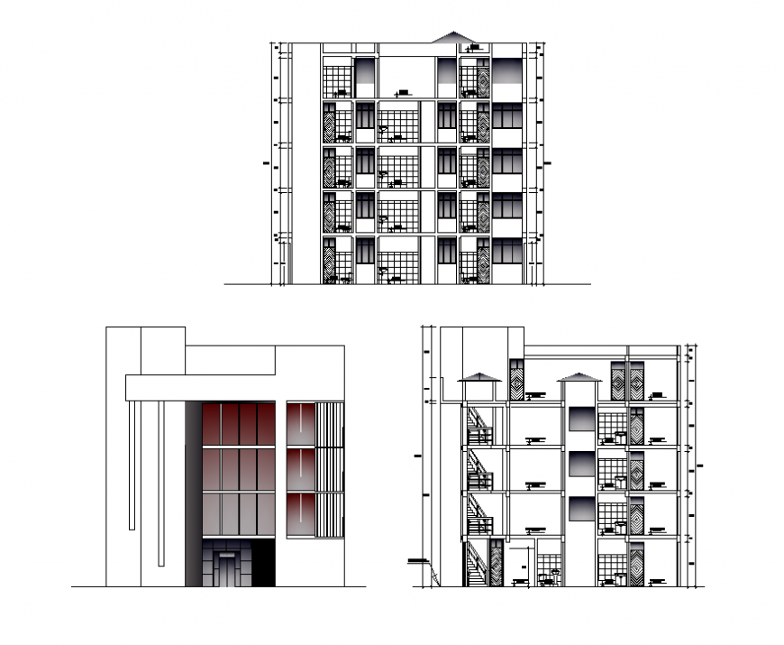 Hotel building elevation 2d view layout file