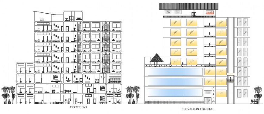 Hotel building elevation drawing in dwg AutoCAD file.
