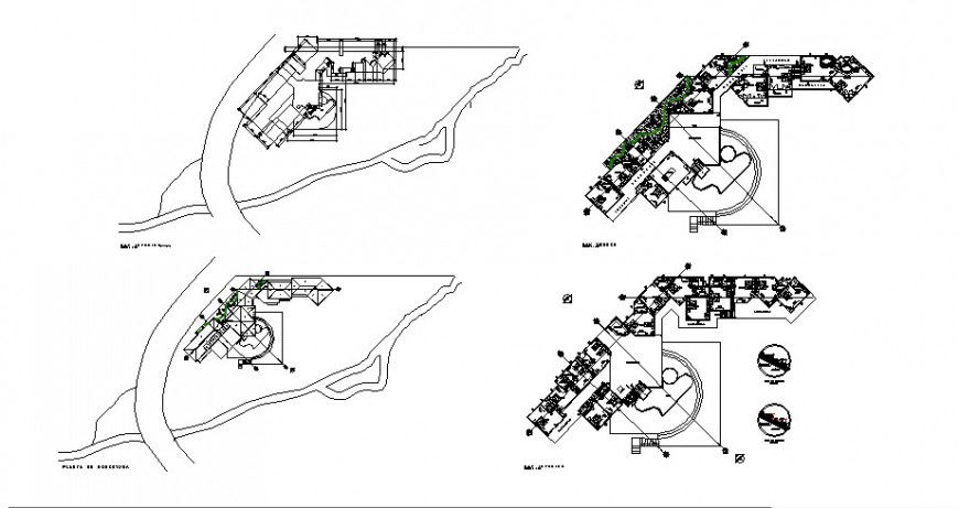 Hotel building floor plan and landscaping structure details dwg file