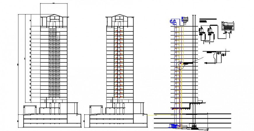 Hotel building multi-story elevation, section and air-condition installation drawing details dwg file