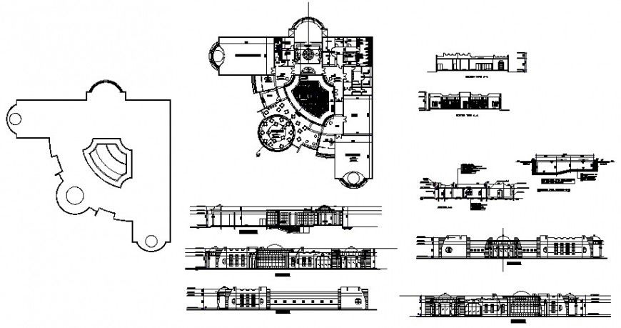 Hotel building plan, elevation and section 2d view autocad file