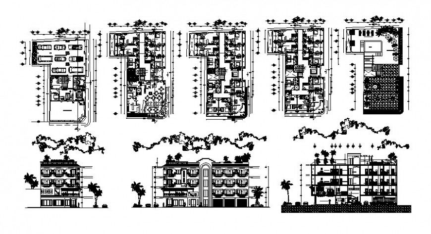 Hotel building plan elevation and section autocad file