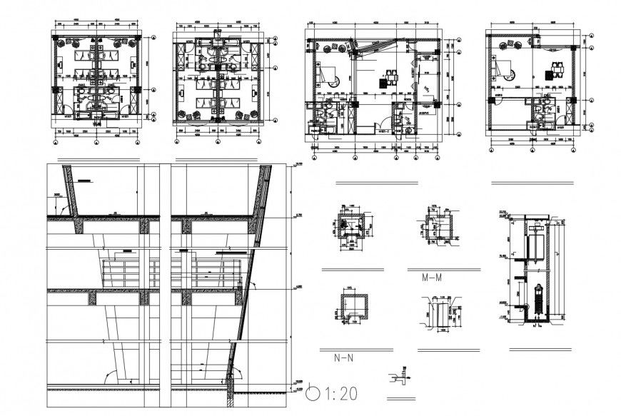 Hotel building section, floor plan and auto-cad drawing details dwg file