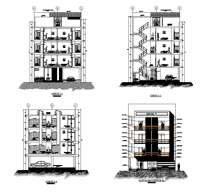 Hotel building sectional layout 2d view dwg file