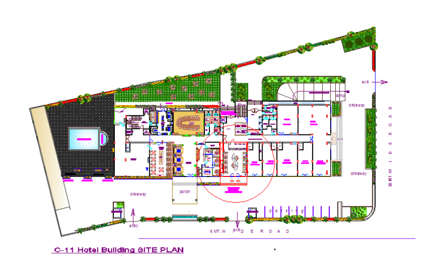 Hotel building site plan and landscaping structure details dwg file