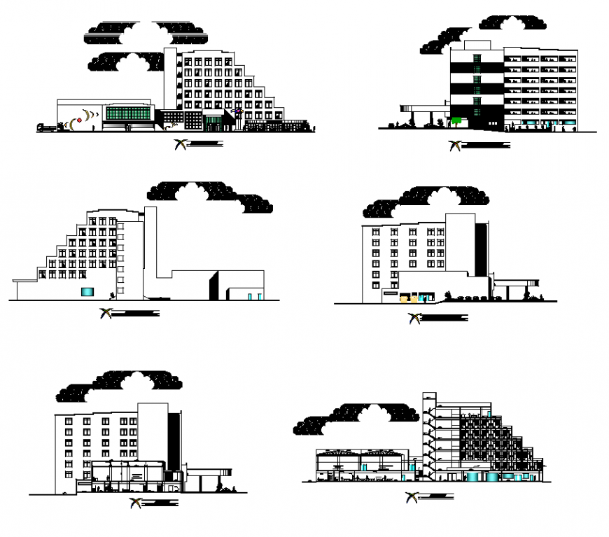 Hotel building structure detail elevation 2d view layout autocad file