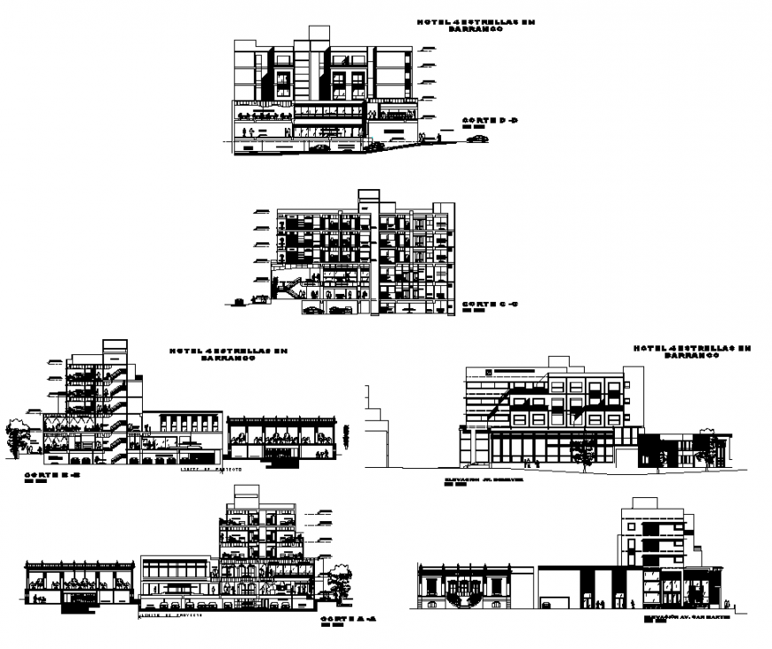 Hotel building structure detail elevation and section 2d view layout dwg file