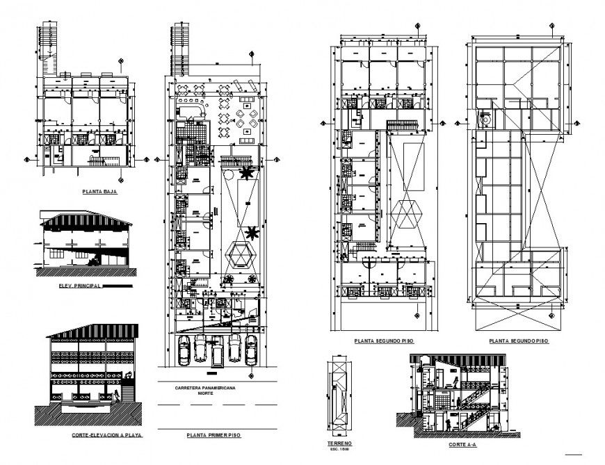 Hotel building structure detail plan, elevation and section 2d view layout dwg file