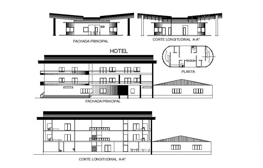Hotel building three story all sided elevation and section cad drawing details dwg file