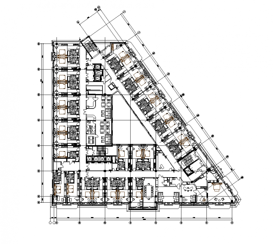 Hotel building typical level plan elevation 2d view autocad file