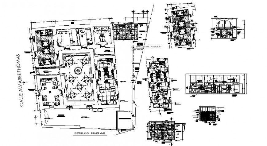 Hotel building with furniture blocks plan and section 2d view autocad file