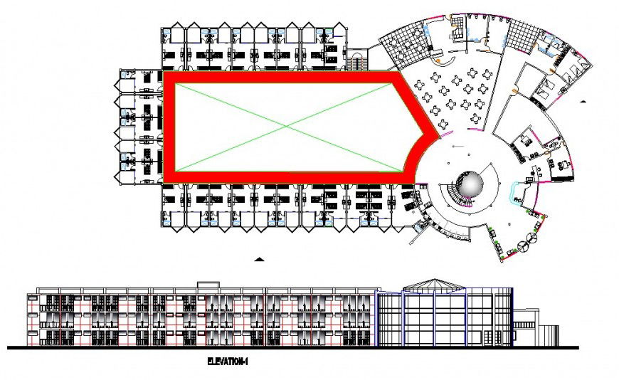 Hotel building with furniture detail 2d view layout file in dwg format