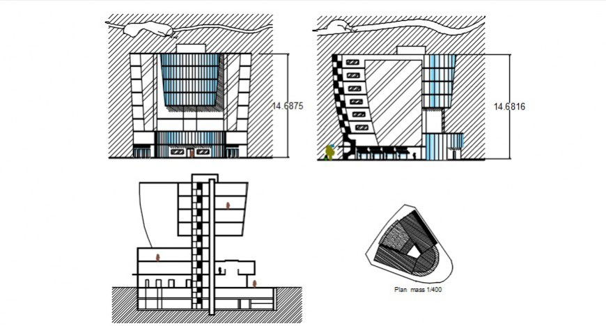 hotel elevation and section plan of cad file