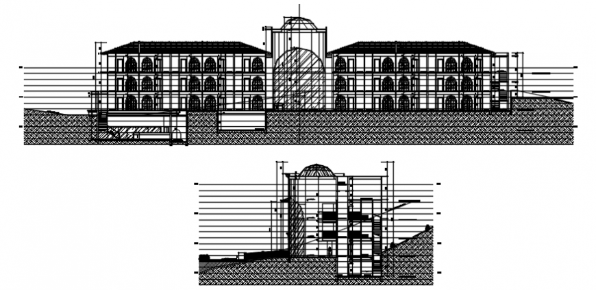 Hotel elevation and side view of hotel in AutoCAD file