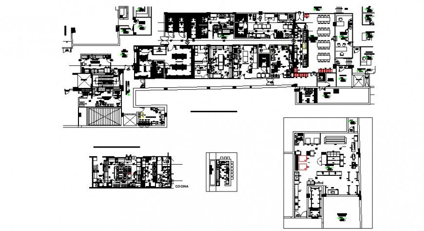 Hotel floor plan with kitchen and bar detail in auto cad