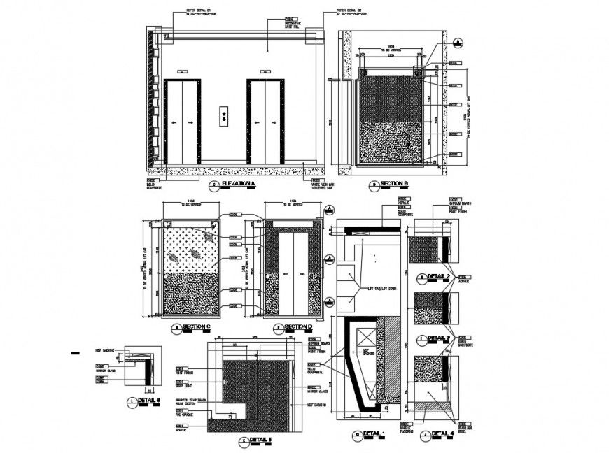 Hotel lift car elevation, section, plan and auto-cad details dwg file