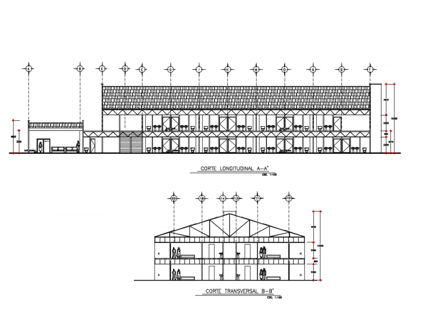 Hotel longitudinal and cut back section cad drawing details dwg file