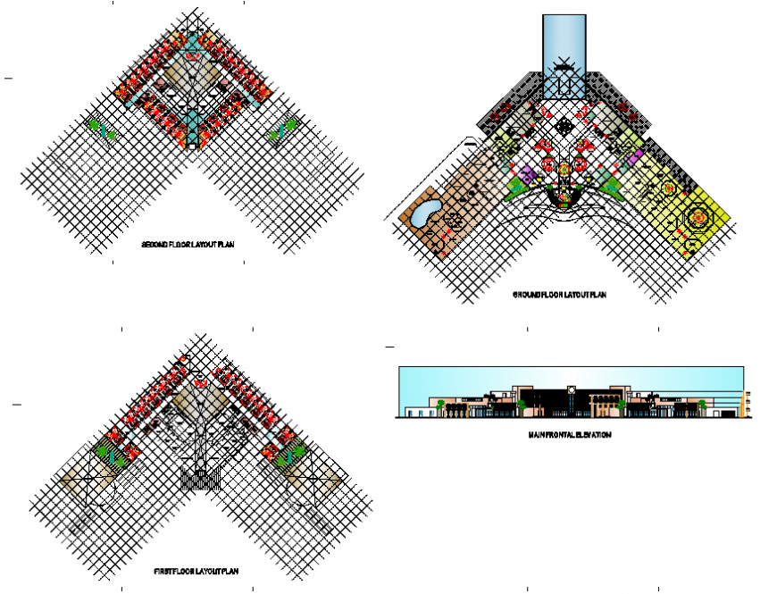 Hotel main frontal elevation and ground, first and second floor plan cad drawing details dwg file