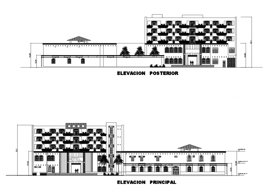 Hotel multi-story main and back elevation cad drawing details dwg file