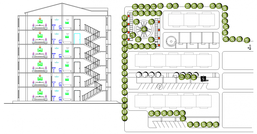 Hotel plan and elevation drawing in dwg AutoCAD file.