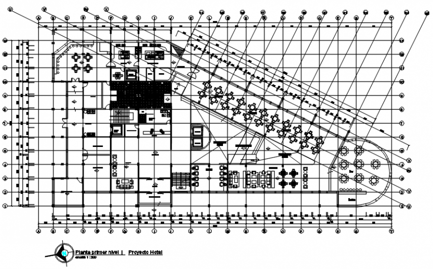 Hotel project first floor plan in auto cad