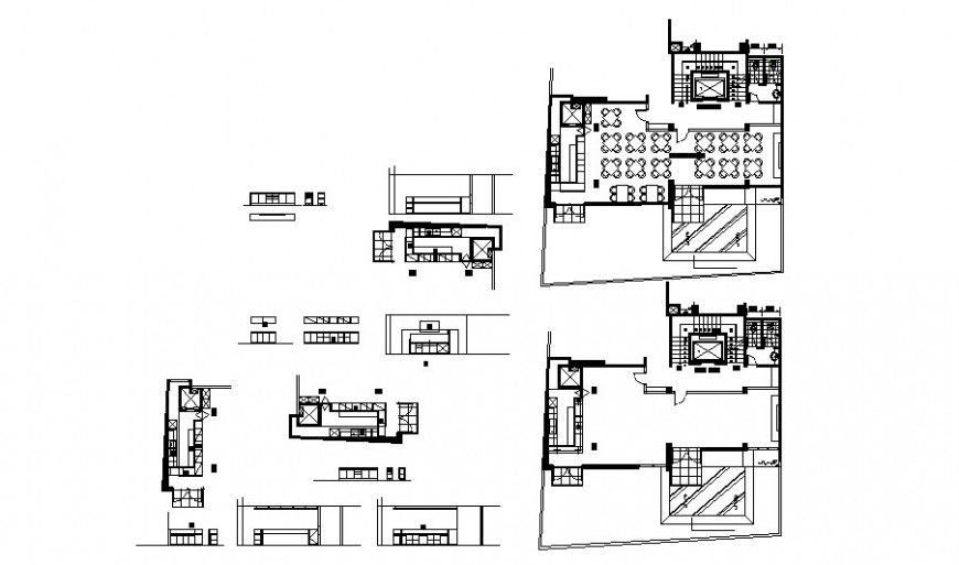 Hotel restaurant setting and kitchen detail drawing in AutoCAD file.