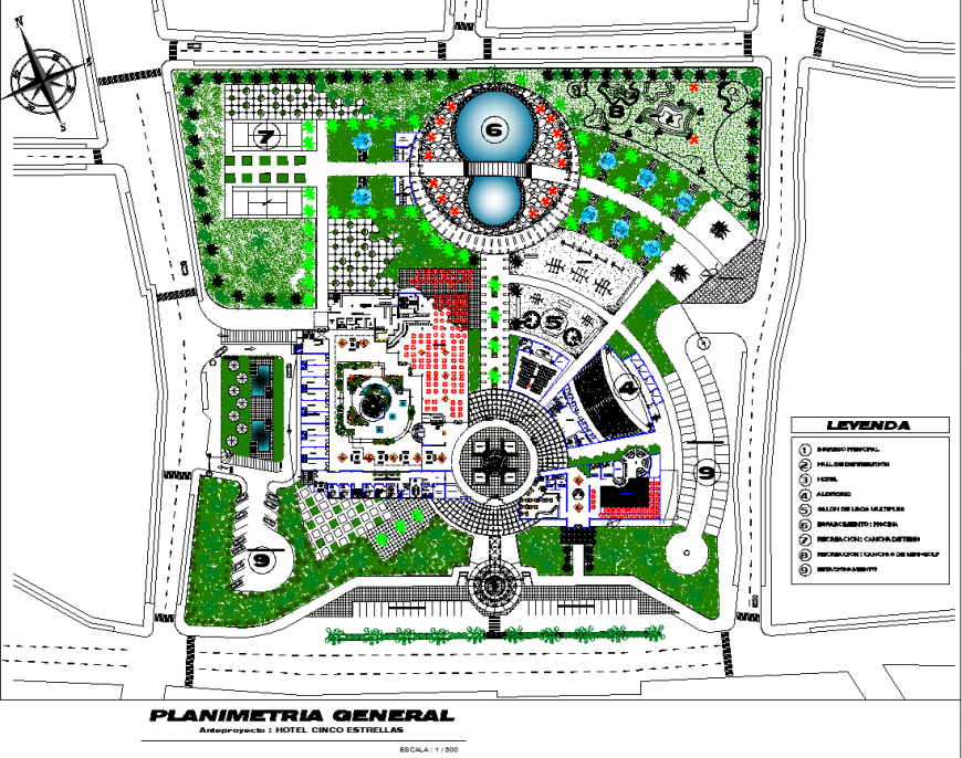 Hotel site plan detail in dwg file.