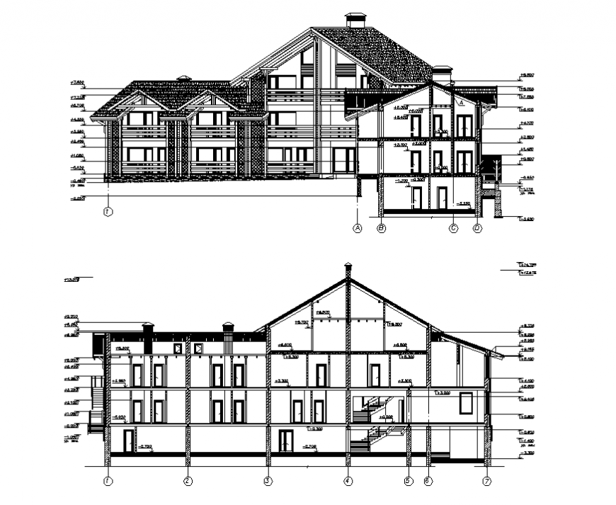 Hotel structure detail elevation 2d view layout autocad file