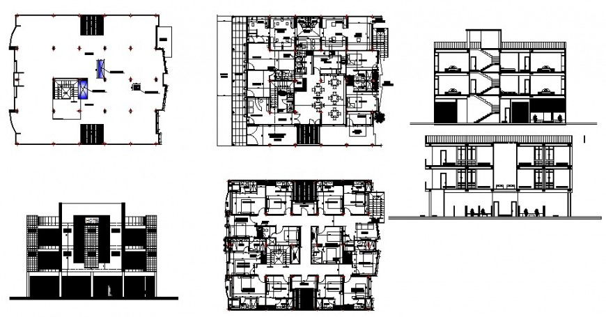 Hotel structure building 2d view layout plan and elevation dwg file