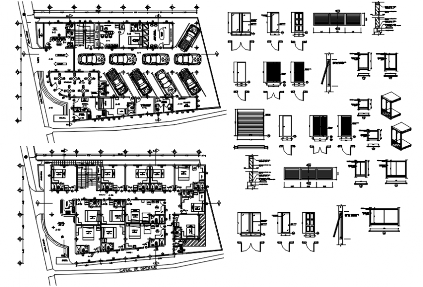 Hotel tourist in distribution plan and door and windows drawing details dwg file