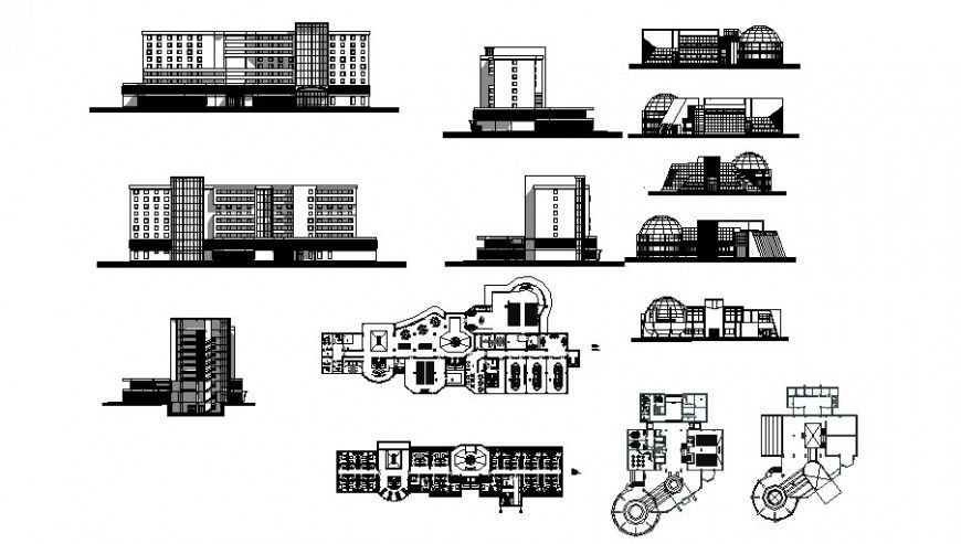 Hotel with museum all sided elevation, section and floor plan details dwg file